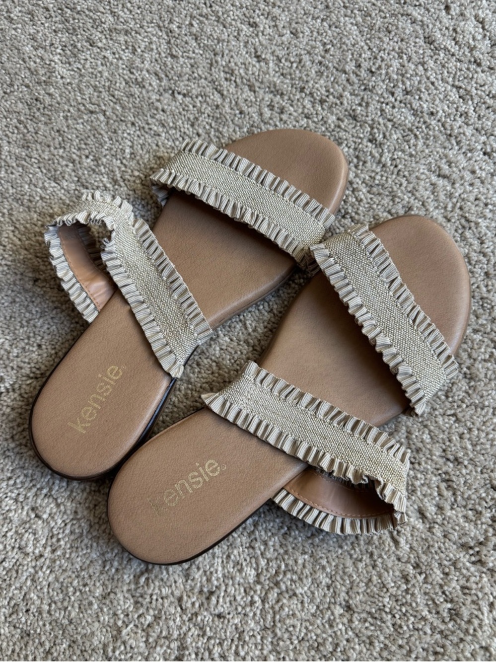 Kensie Tan Ruffle-Trim Double-Strap Slide Sandals